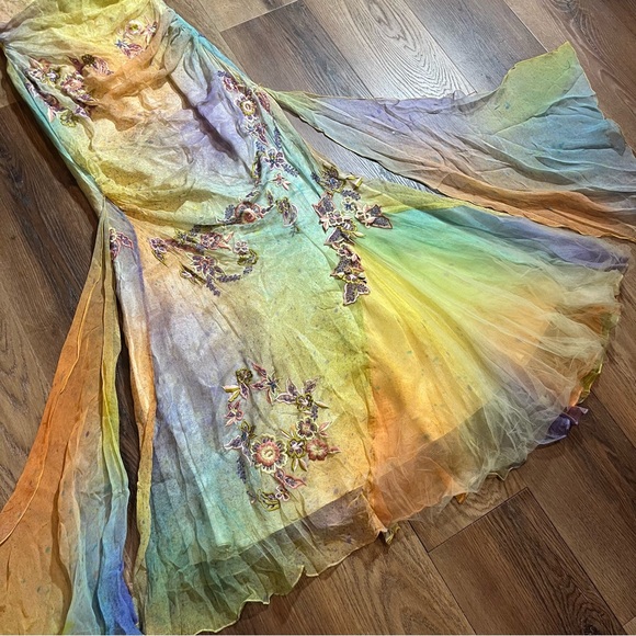 Vintage 100% Silk Dress Vintage Cache Rainbow Dress Prom Vintage Beaded Dress - Picture 16 of 17
